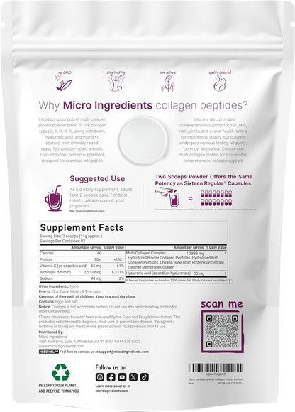 Micro Ingredients Multi Collagen Protein Powder, 2 Pounds – Type I,II,III,V,X with Biotin, Hyaluronic Acid, Vitamin C